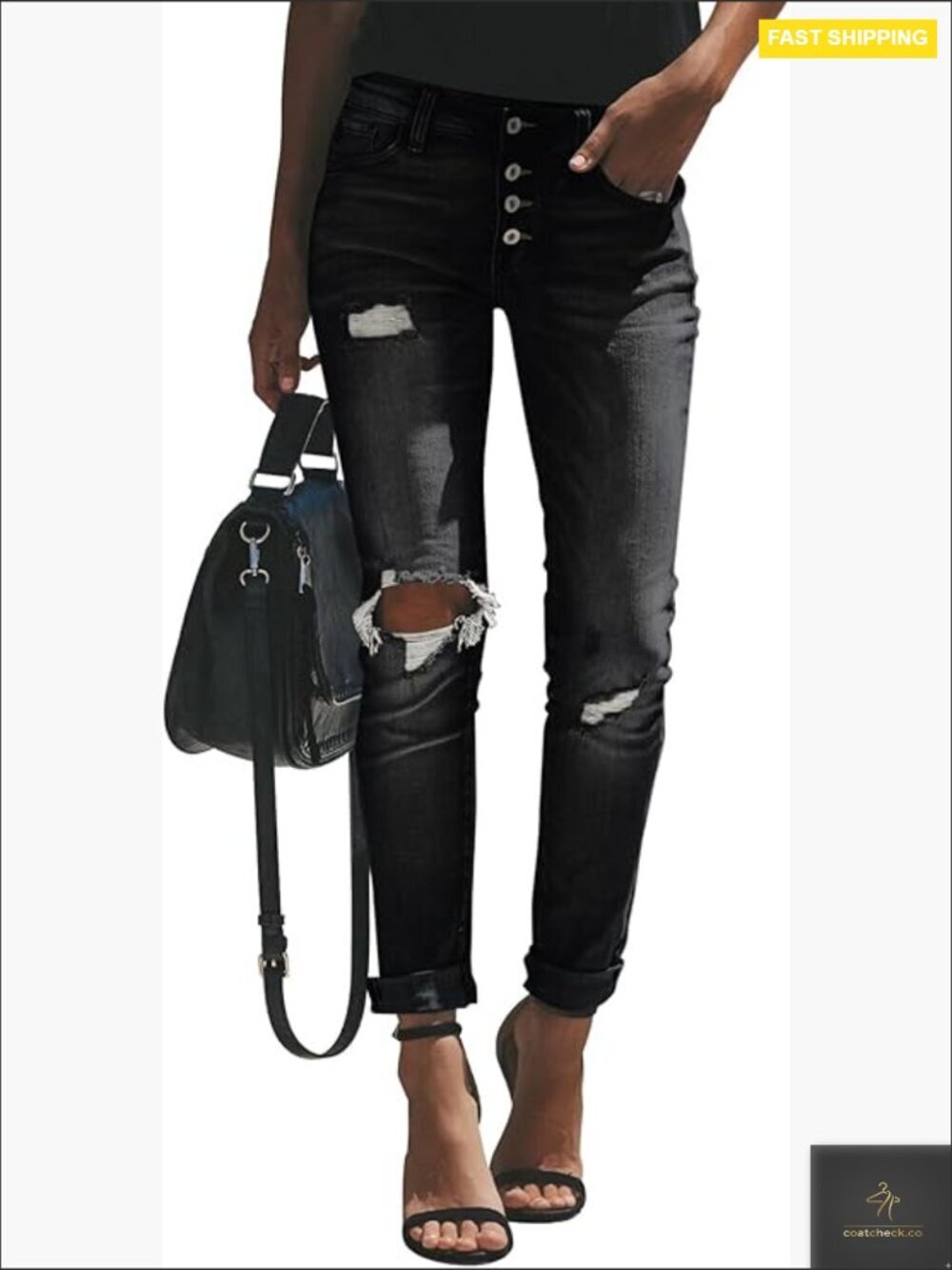 High Waisted Ripped Skinny Jeans Vintage Washed Cuffed Hem Y2K Casual Street